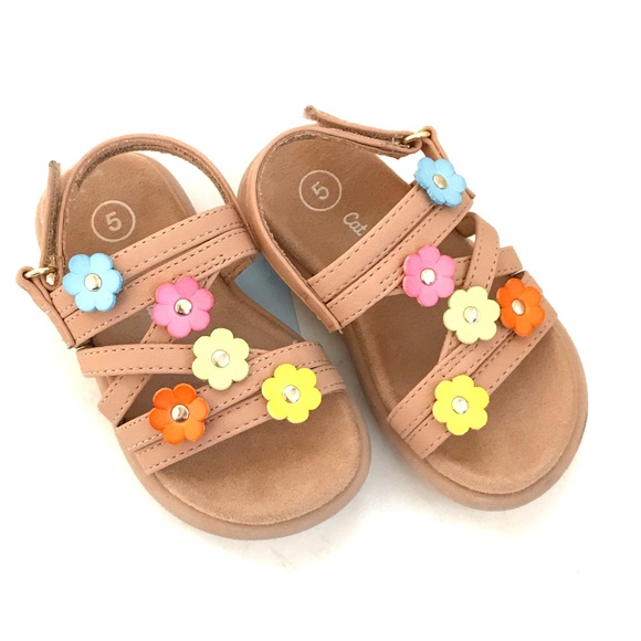 CAT & JACK Flower Strappy Sandals Girls Embellished Tan Maria NWT Toddler Size 5 - Picture 1 of 16
